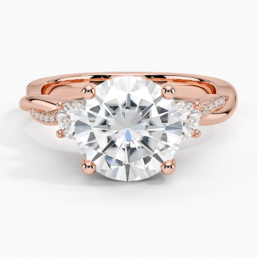 Moissanite Adorned Petite Twisted Vine Three Stone Diamond Ring in 14K Rose Gold