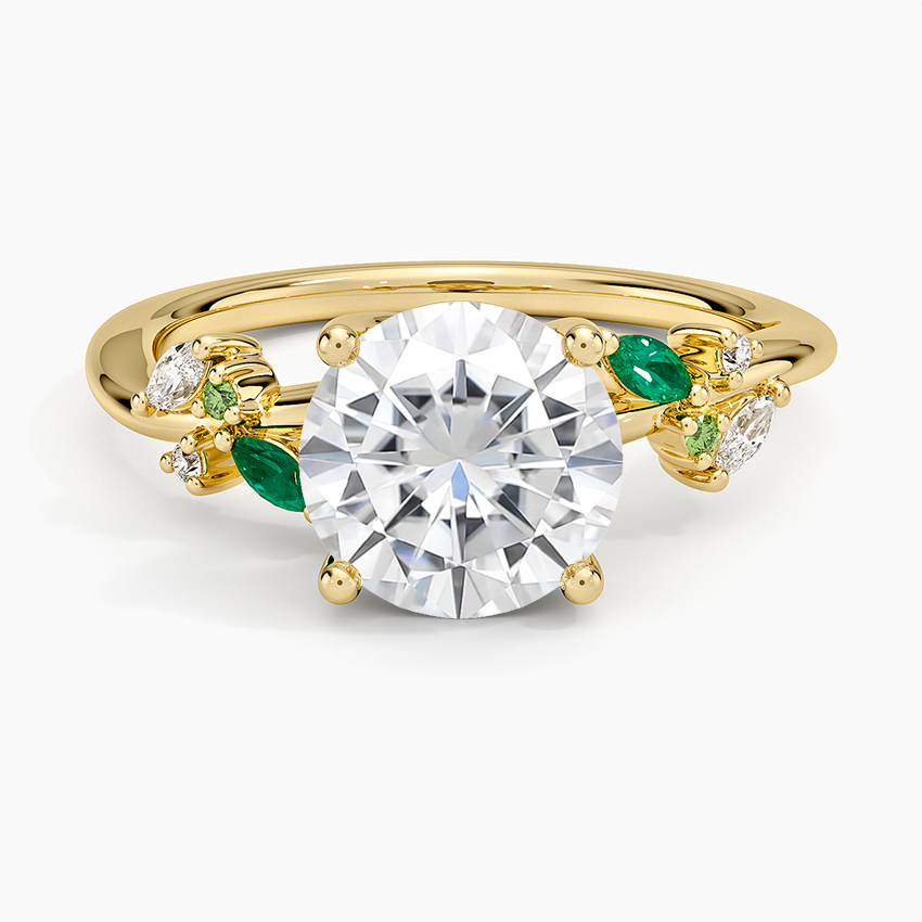 Moissanite Arden Diamond Ring with Lab Emerald Accents in 18K Yellow Gold