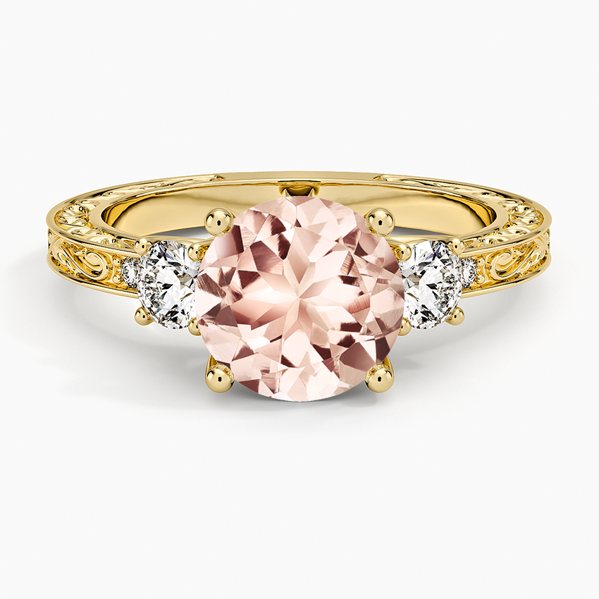 Morganite Antique Scroll Engraved Three Stone Diamond Ring (1/3 ct. tw.) in 14K Yellow Gold