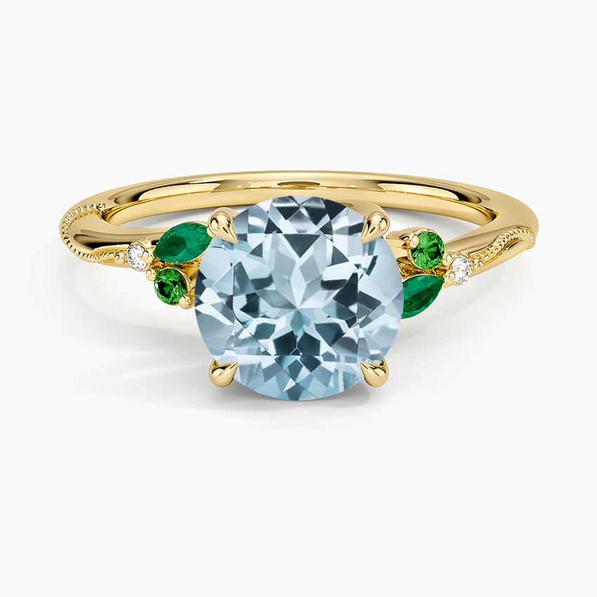 Aquamarine Camellia Milgrain Green Gemstone and Diamond Ring in 14K Yellow Gold