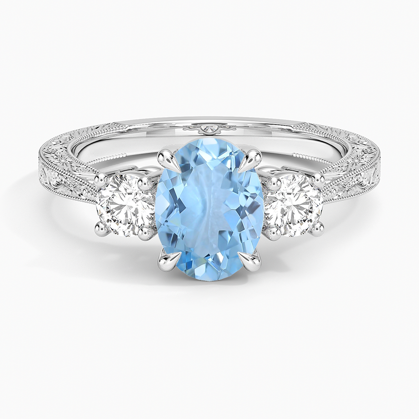 Aquamarine Elsie Three Stone Engraved Diamond Ring (1/3 Ct. Tw.) in 18K White Gold
