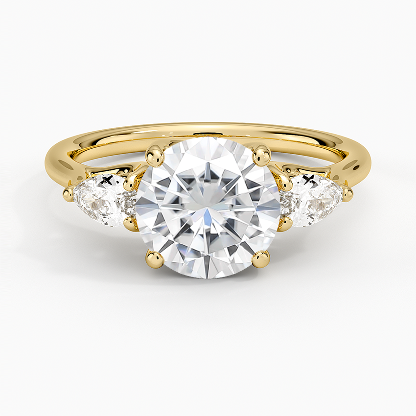 Moissanite Trellis Three Stone Pear Diamond Ring in 18K Yellow Gold