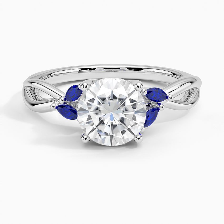 18K White Gold Moissanite Willow Ring With Sapphire Accents