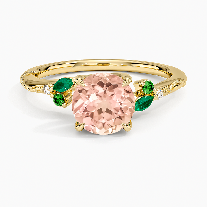 Lab Grown Sapphire Camellia Milgrain Green Gemstone and Diamond Ring in 14K Yellow Gold