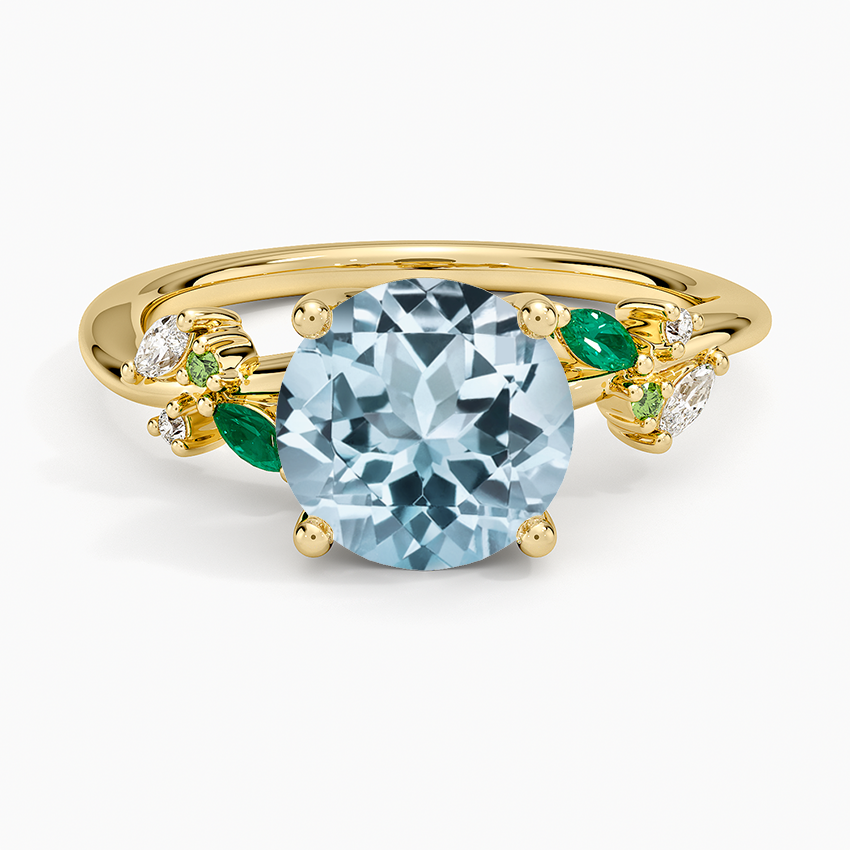 Aquamarine Arden Diamond Ring with Lab Emerald Accents in 18K Yellow Gold