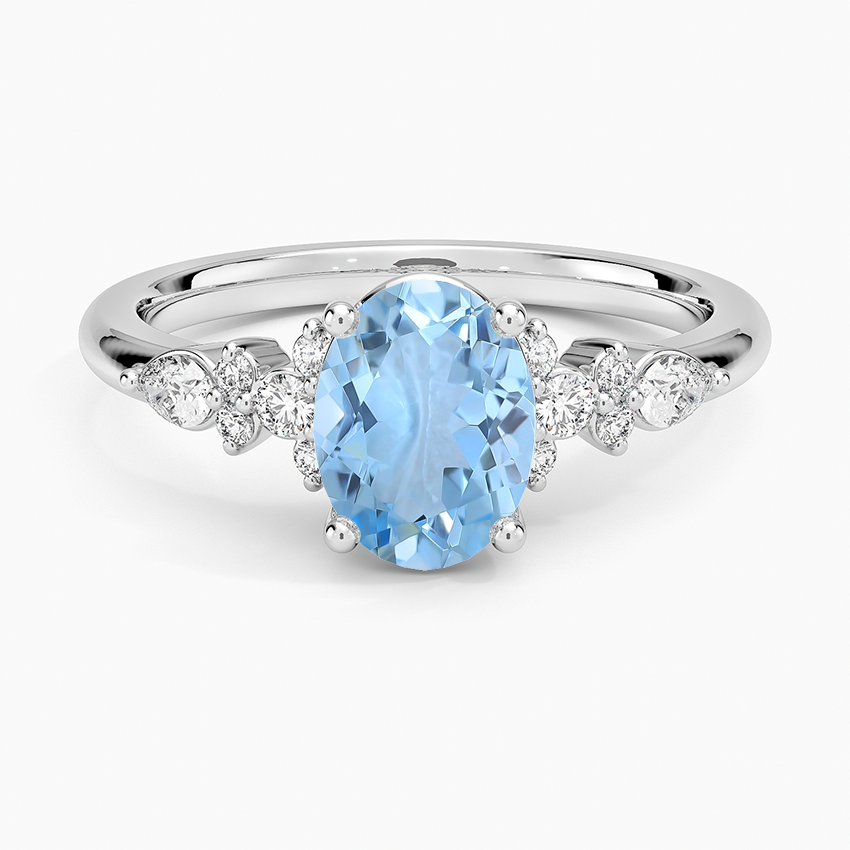 Aquamarine Rosette Diamond Ring in 18K White Gold