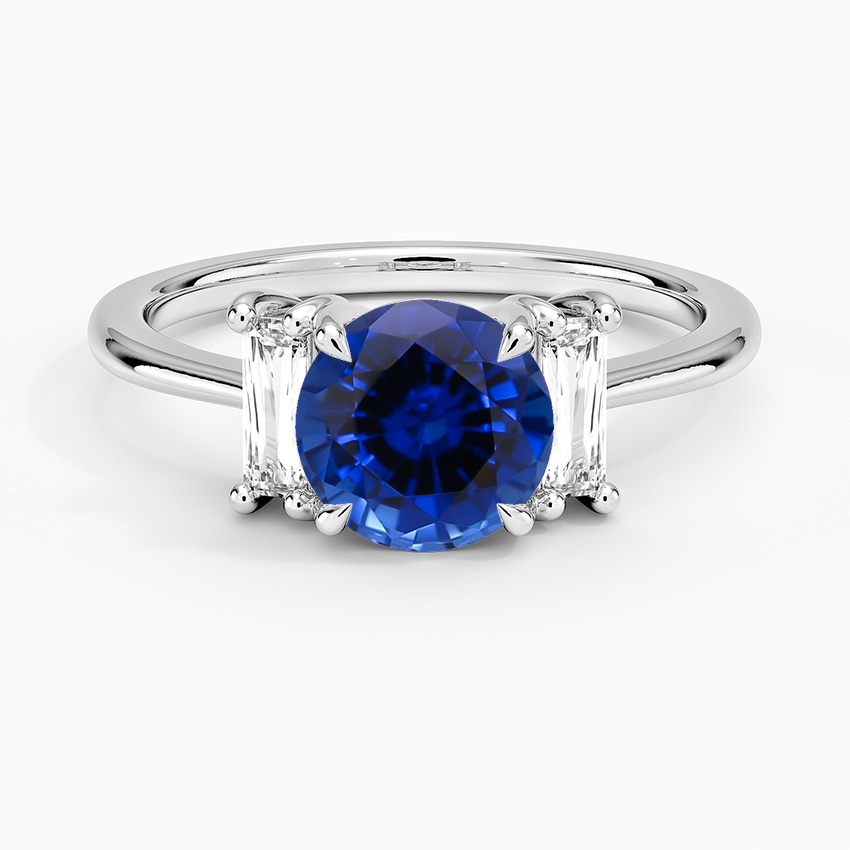 Sapphire Vertical Baguette Three Stone Diamond Ring in 18K White Gold