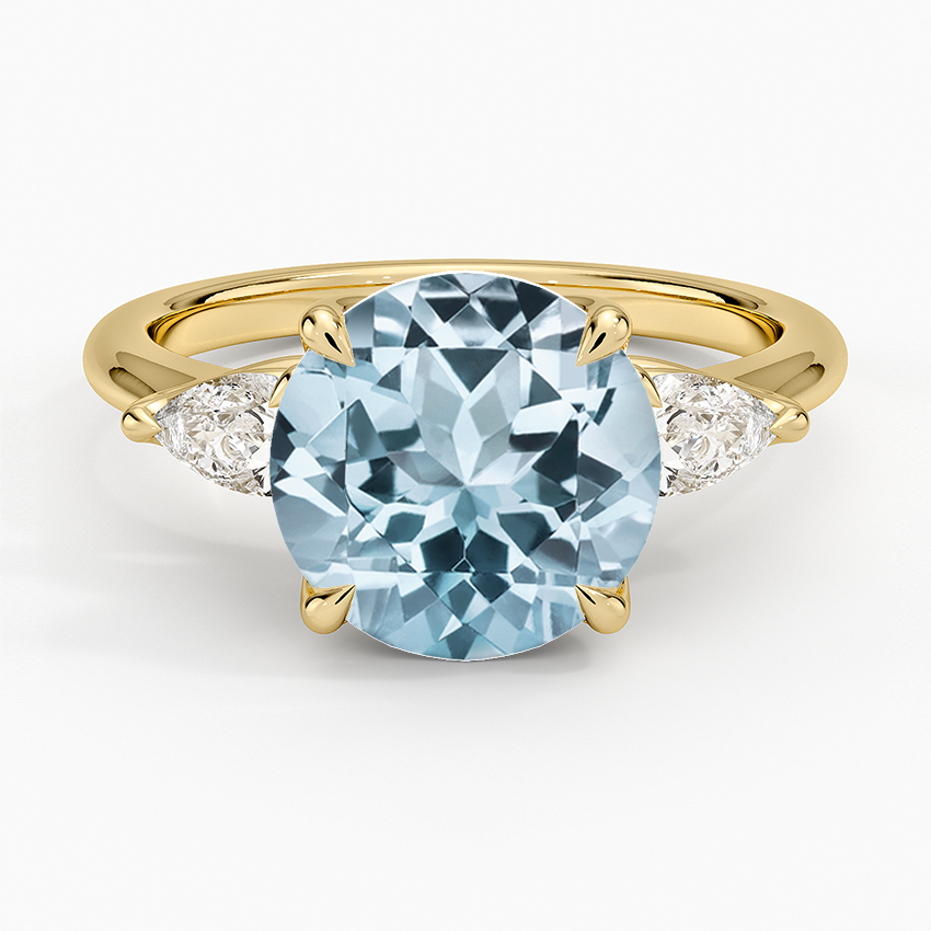 Aquamarine Fleur Three Stone Diamond Ring in 14K Yellow Gold