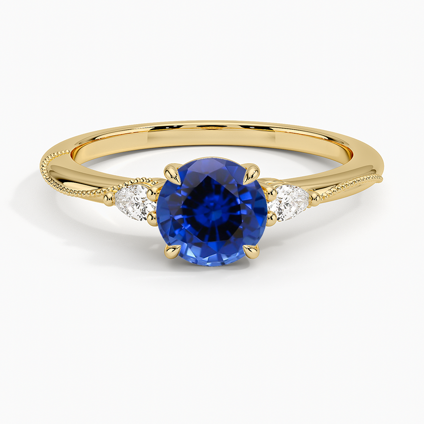 Sapphire Camellia Three Stone Pear Diamond Ring in 18K Yellow Gold