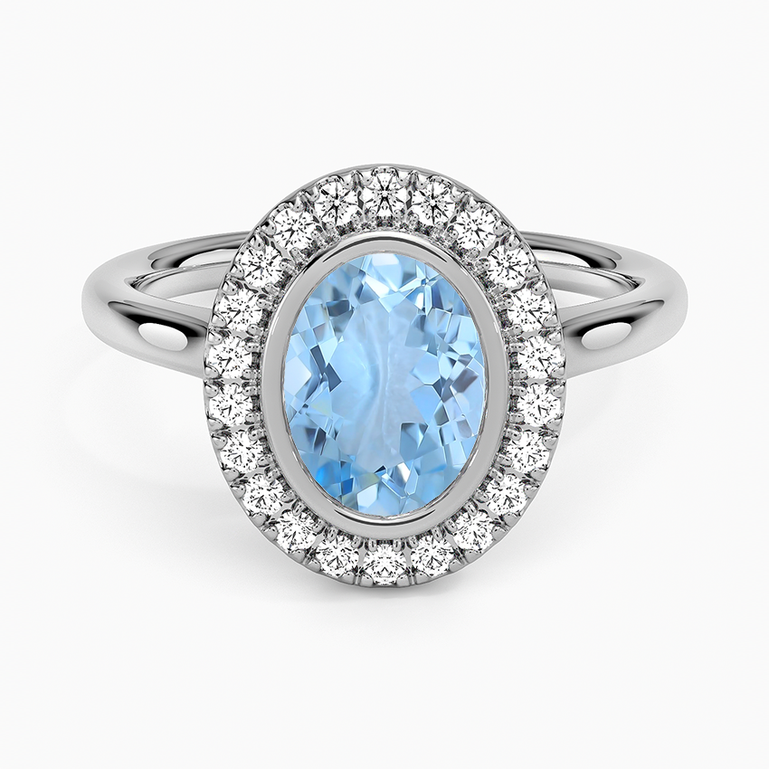 Aquamarine Bezel Halo Diamond Ring (1/4 Ct. Tw.) in 18K White Gold