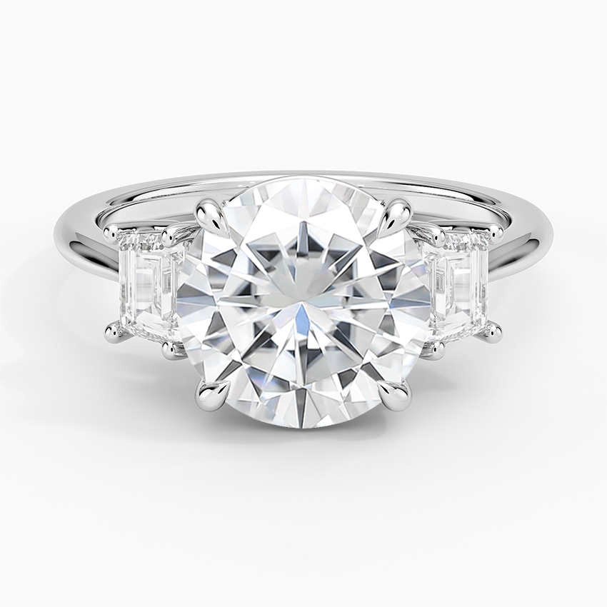 Moissanite Embrace Three Stone Trapezoid Diamond Ring in 14K White Gold