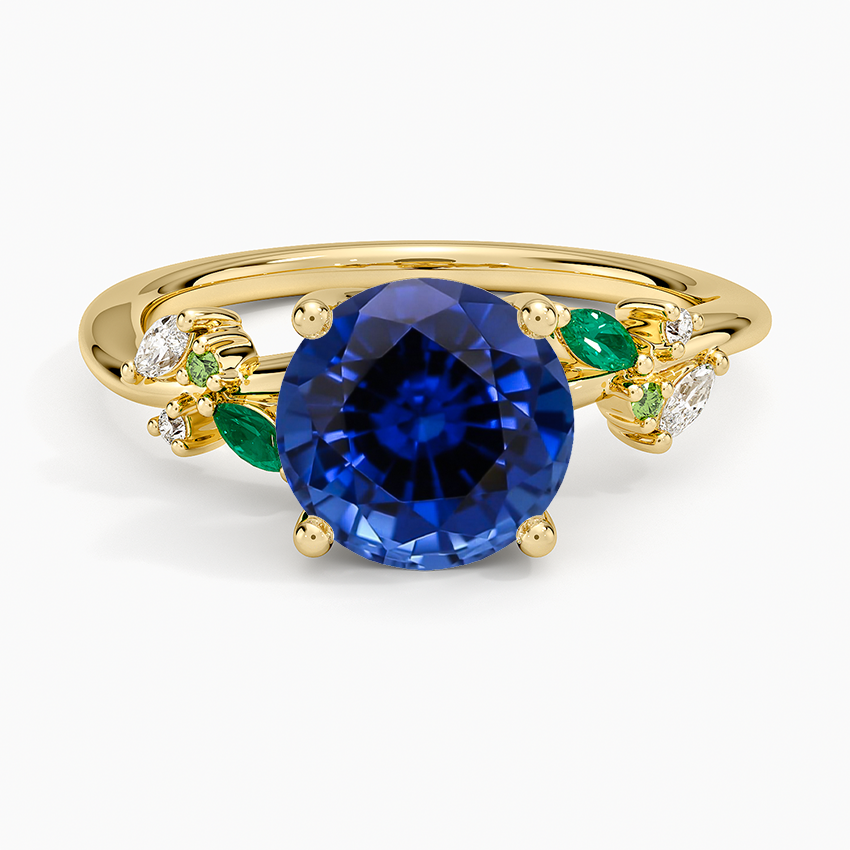 Lab Grown Sapphire Arden Diamond Ring with Lab Emerald Accents in 18K Yellow Gold