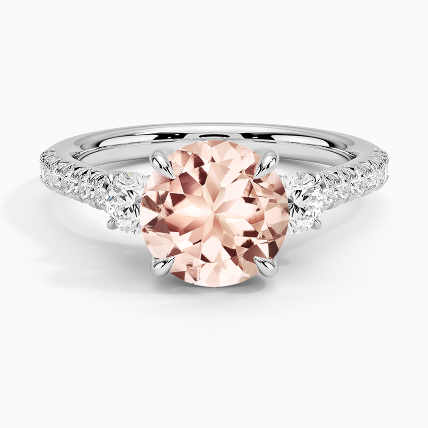 Morganite Amelie Three Stone Diamond Ring in 18K White Gold