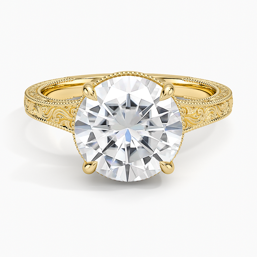 Moissanite Tapered Elsie Engraved Solitaire Ring in 14K Yellow Gold