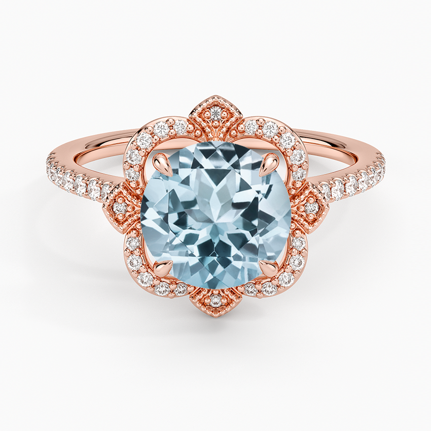 Aquamarine Reina Halo Diamond Ring in 14K Rose Gold