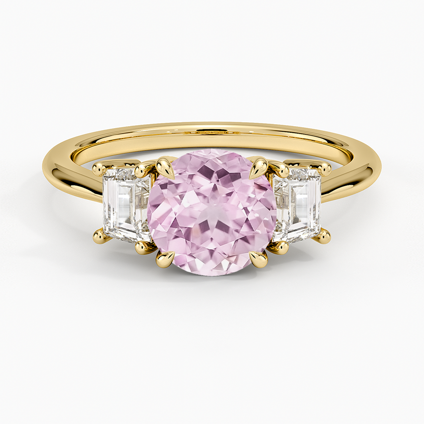 Lab Grown Sapphire Embrace Three Stone Trapezoid Diamond Ring in 18K Yellow Gold