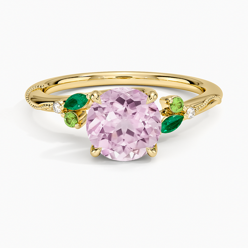 Lab Grown Sapphire Camellia Milgrain Green Gemstone and Diamond Ring in 14K Yellow Gold