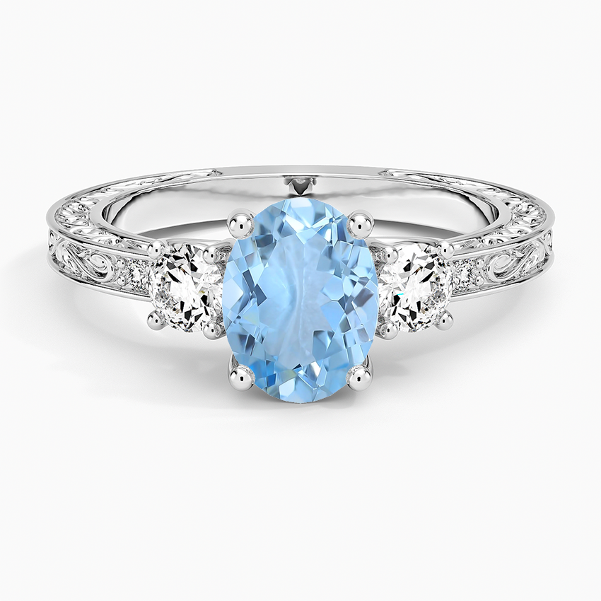 Aquamarine Antique Scroll Engraved Three Stone Diamond Ring (1/3 ct. tw.) in 18K White Gold