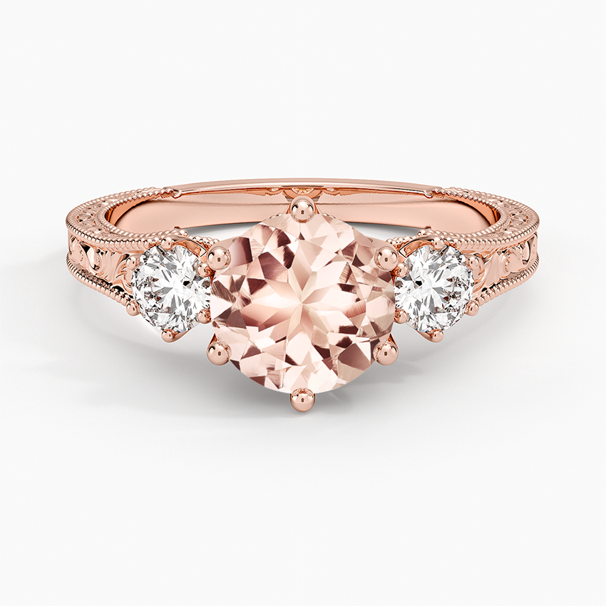 Morganite Hudson Engraved Three Stone Diamond Ring (1/3 ct. tw.) in 14K Rose Gold