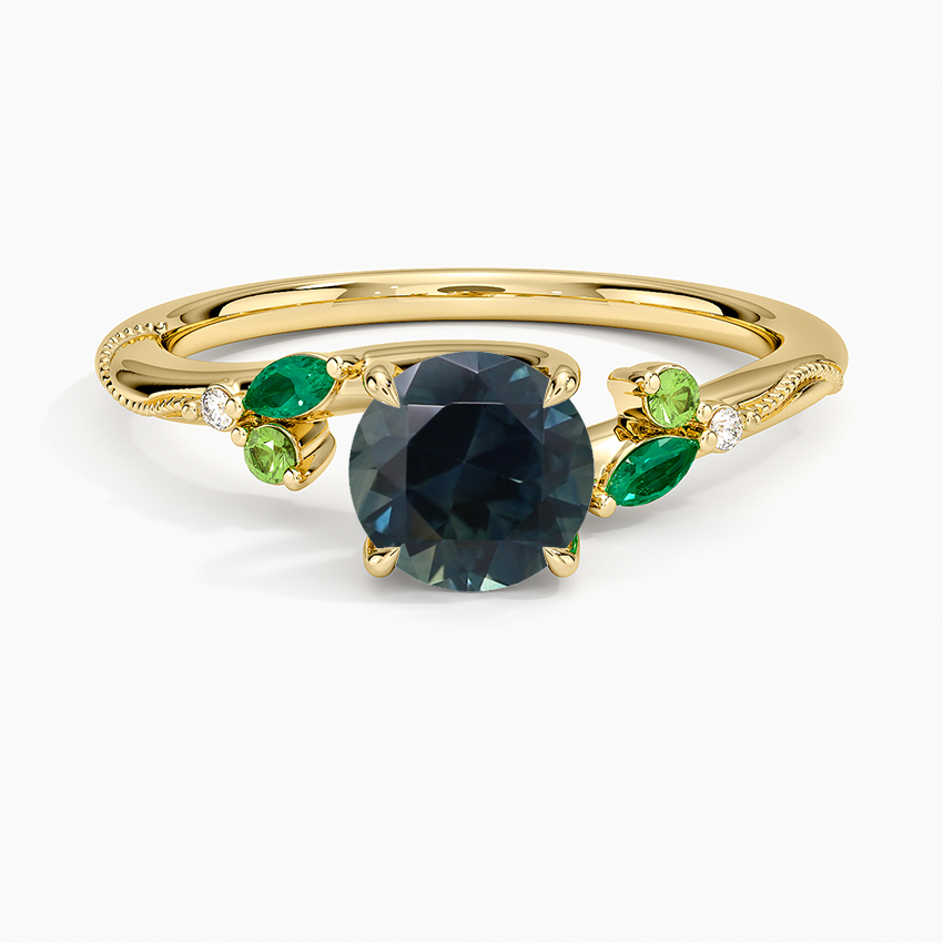 Sapphire Camellia Milgrain Green Gemstone and Diamond Ring in 14K Yellow Gold