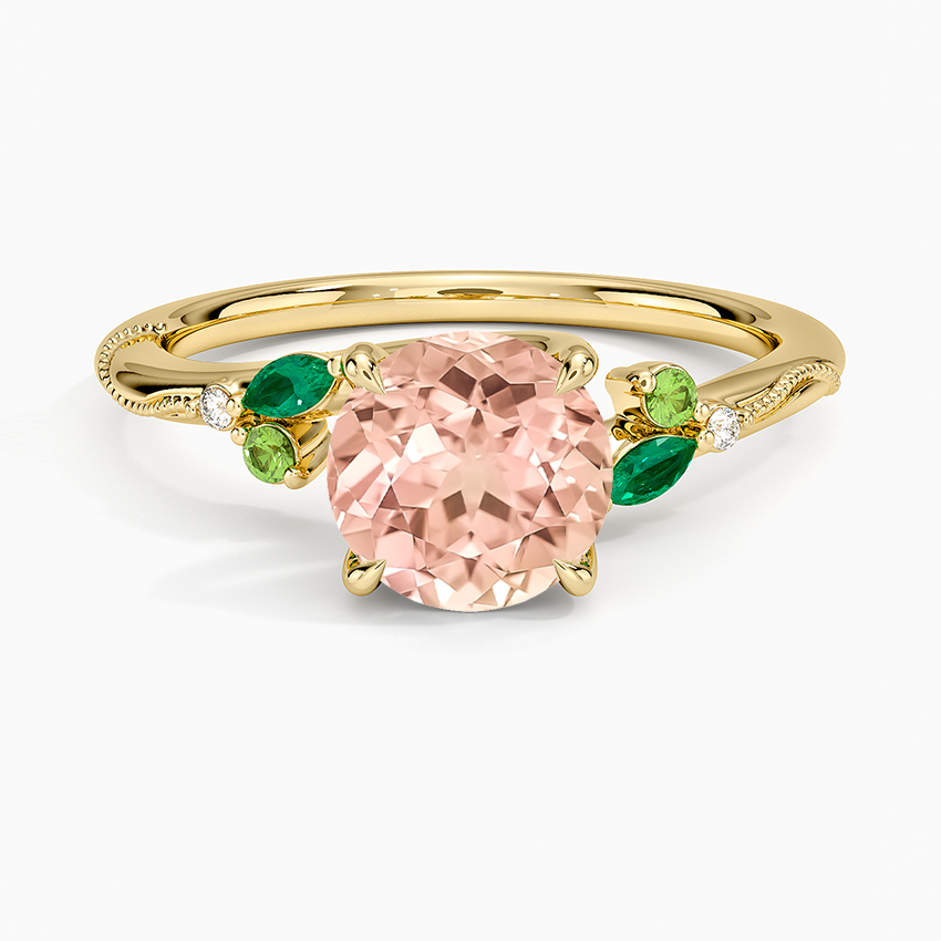 Lab Grown Sapphire Camellia Milgrain Green Gemstone and Diamond Ring in 14K Yellow Gold