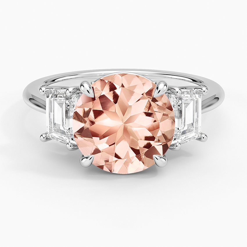 Morganite Luxe Embrace Three Stone Trapezoid Diamond Ring in 14K White Gold