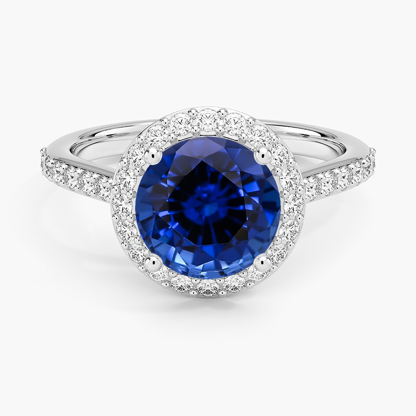 Lab Grown Sapphire Halo Diamond Ring with Side Stones (1/3 ct. tw.) in 18K White Gold