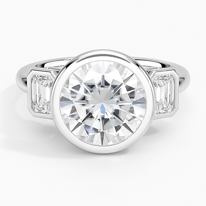 Moissanite Rhiannon Bezel Three Stone Diamond Ring in 14K White Gold