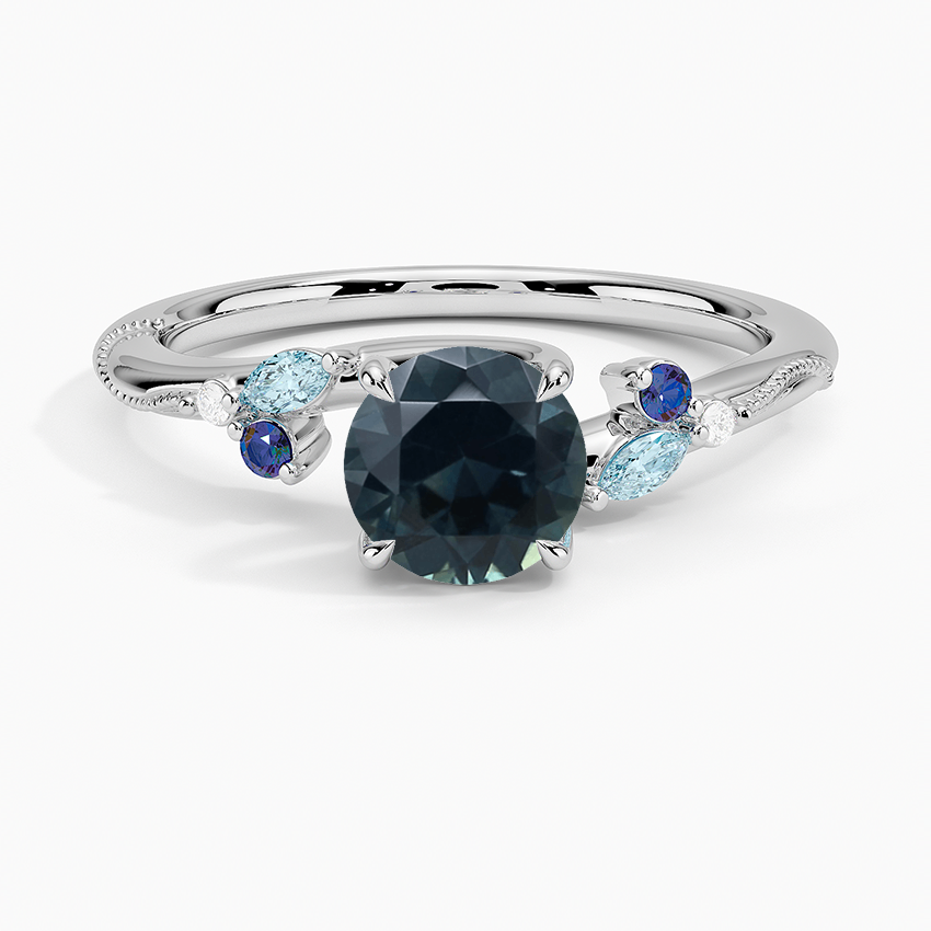 Sapphire Camellia Indigo Milgrain Ring in 18K White Gold