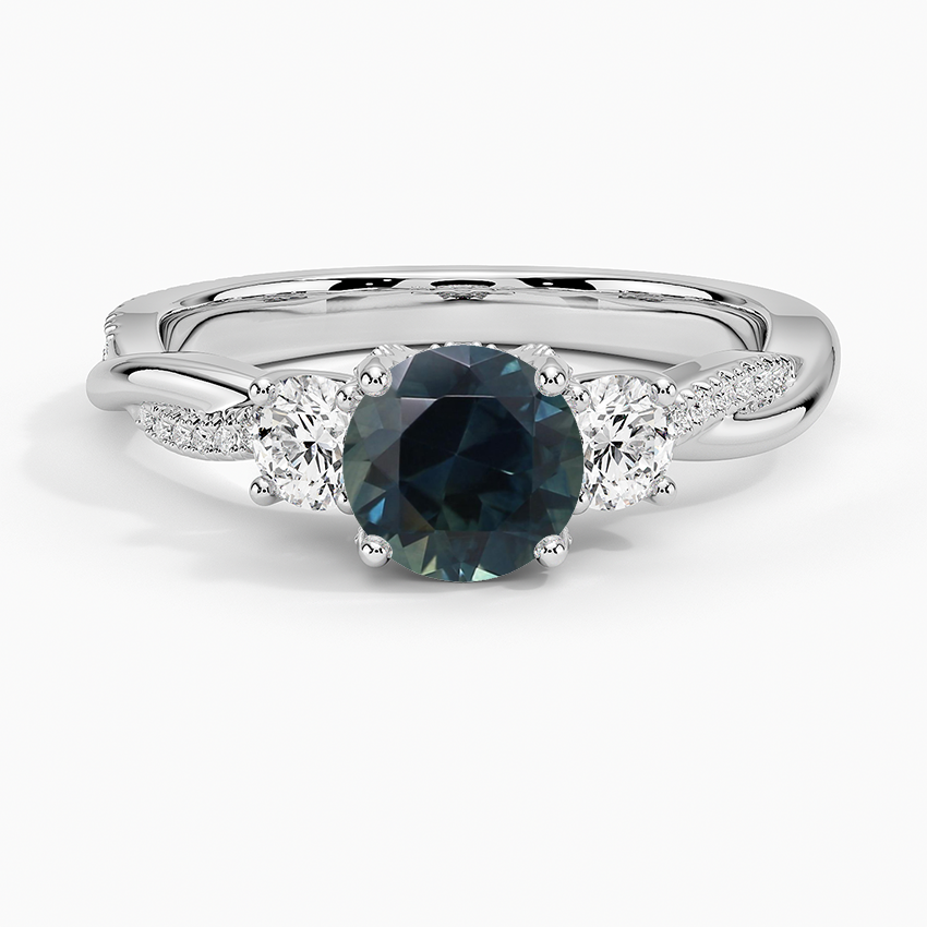 Sapphire Adorned Petite Twisted Vine Three Stone Diamond Ring in 18K White Gold