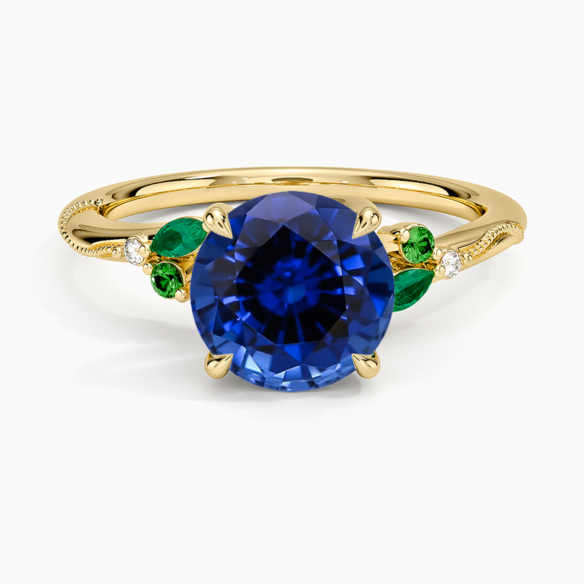 Lab Grown Sapphire Camellia Milgrain Green Gemstone and Diamond Ring in 14K Yellow Gold