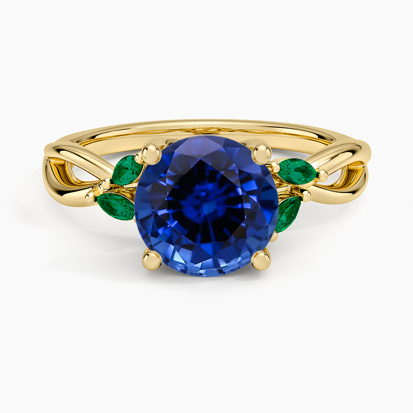 Lab Grown Sapphire Willow Ring With Lab Emerald Accents in 14K Yellow Gold