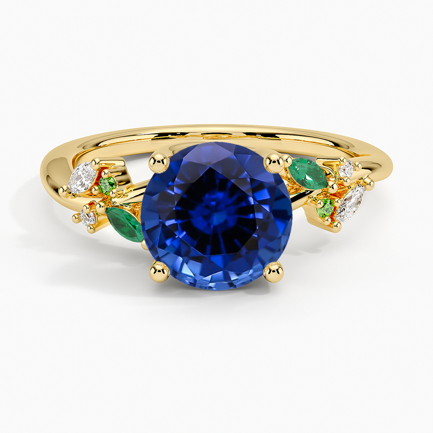 Lab Grown Sapphire Arden Diamond Ring with Lab Emerald Accents in 18K Yellow Gold