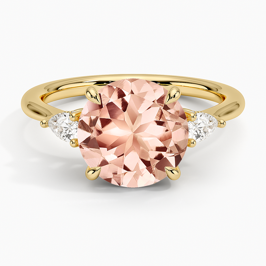 Morganite Adorned Petite Opera Three Stone Diamond Ring in 14K Yellow Gold