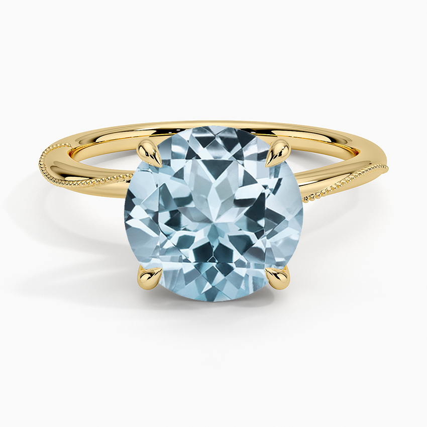 Aquamarine Adorned Camellia Milgrain Diamond Ring in 18K Yellow Gold