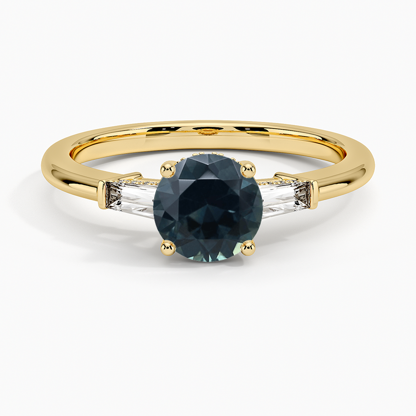 Sapphire Adorned Tapered Baguette Three Stone Diamond Ring in 18K Yellow Gold
