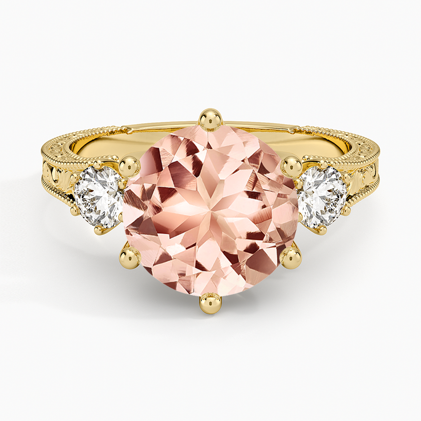 Morganite Hudson Engraved Three Stone Diamond Ring (1/3 ct. tw.) in 14K Yellow Gold