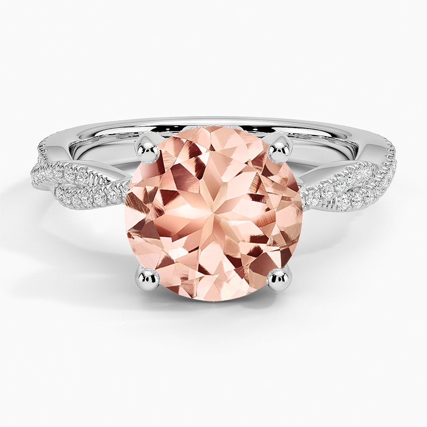 Morganite Adorned Luxe Petite Twisted Vine Diamond Ring in 14K White Gold