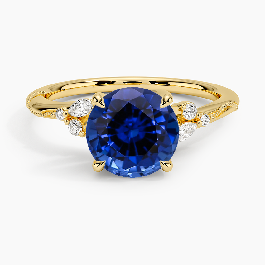 Lab Created Sapphire Camellia Milgrain Diamond Ring in 18K Yellow Gold