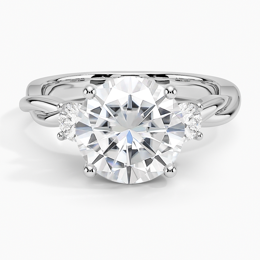 Moissanite Twisted Vine Three Stone Diamond Ring in 14K White Gold