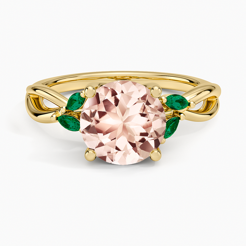Morganite Willow Ring With Lab Emerald Accents in 14K Yellow Gold