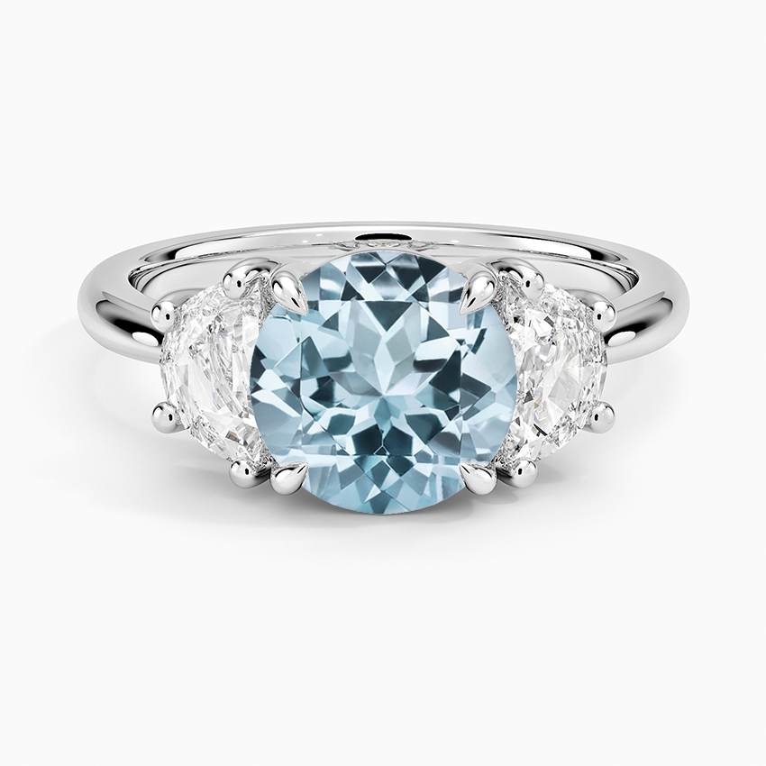 Aquamarine Half Moon Three Stone Diamond Ring (1/2 ct. tw.) in 18K White Gold