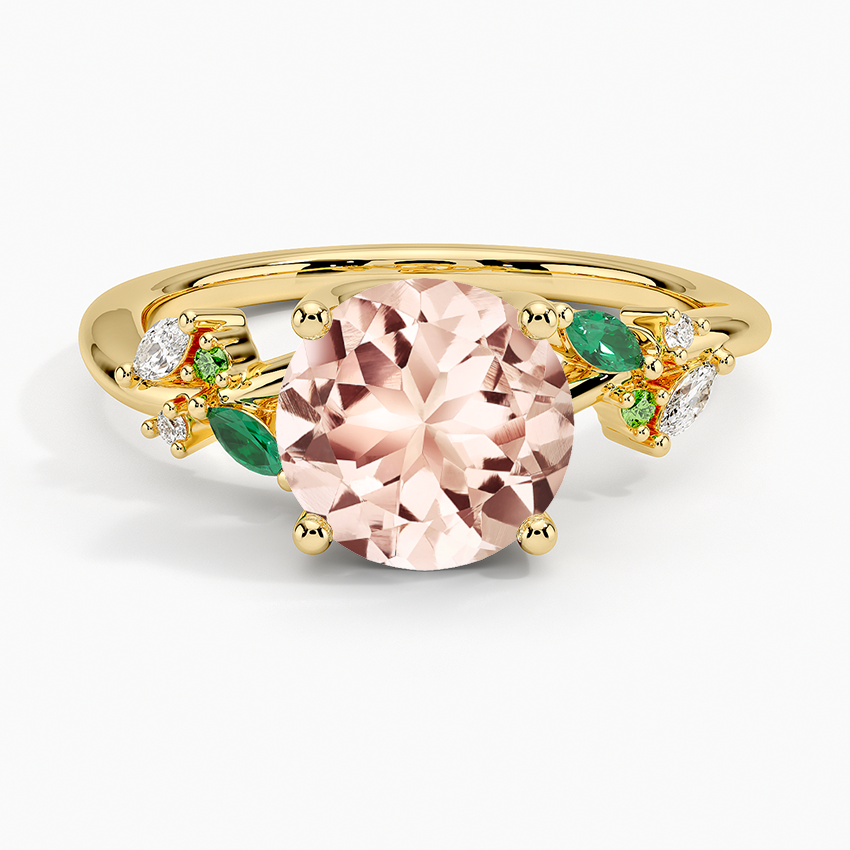 Morganite Arden Diamond Ring with Lab Emerald Accents in 18K Yellow Gold