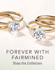 Gold diamond engagement rings and gold wedding bands featured from The Fairmined Collection.