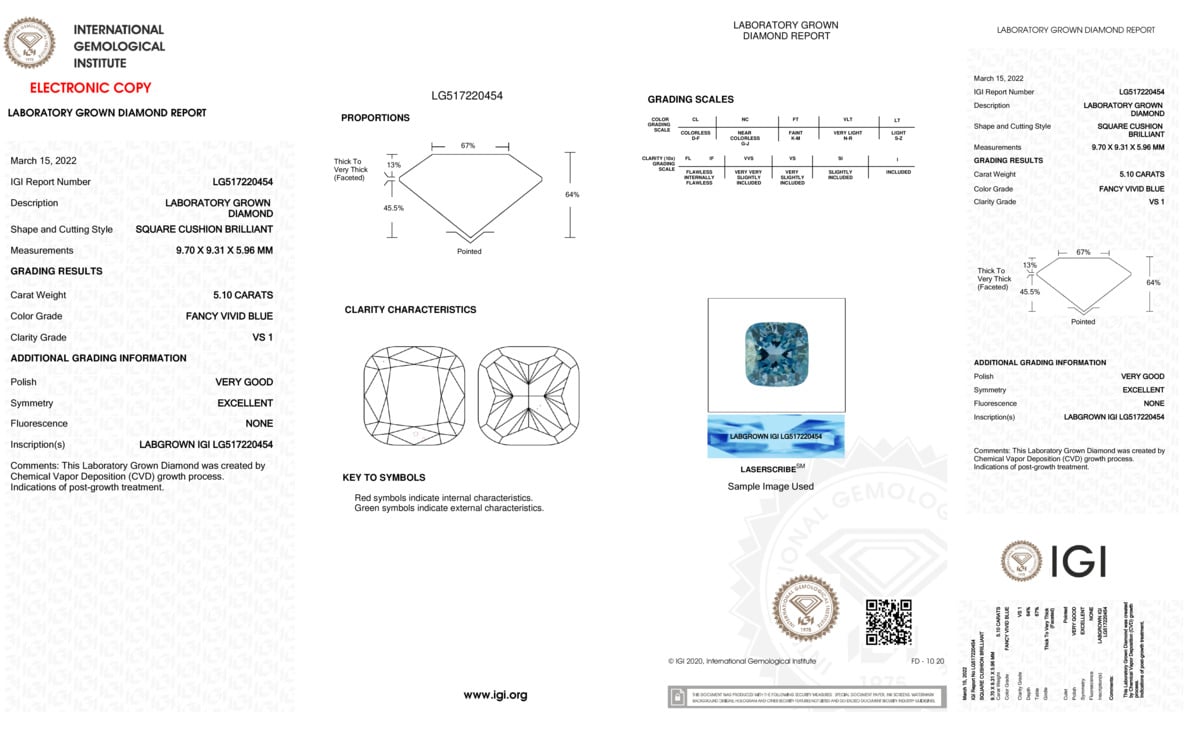 5.1 Ct. Fancy Vivid Blue Cushion Lab Created Diamond | 5949745A