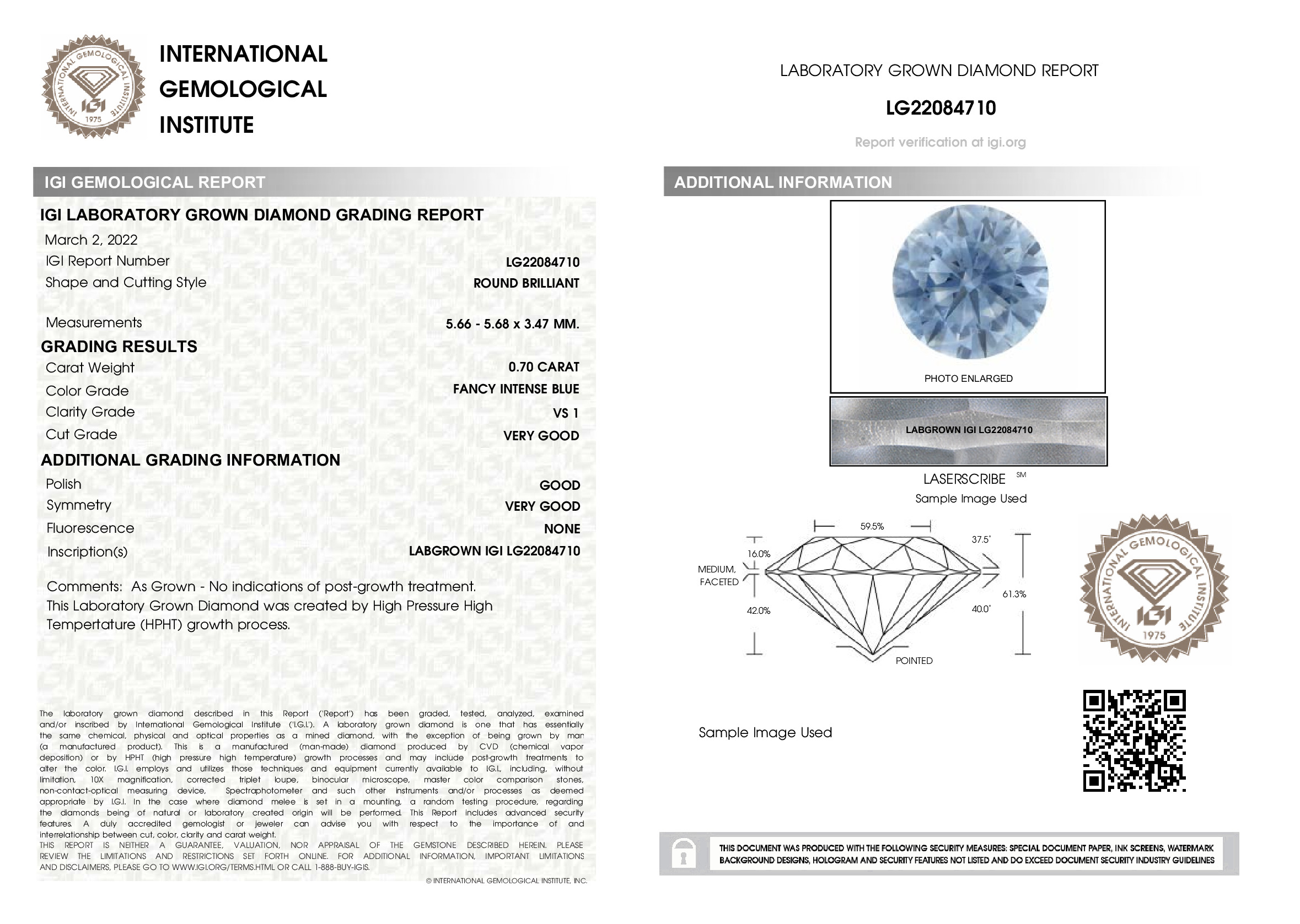 0.7 Ct. Fancy Intense Blue Round Lab Created Diamond | 5950508Y