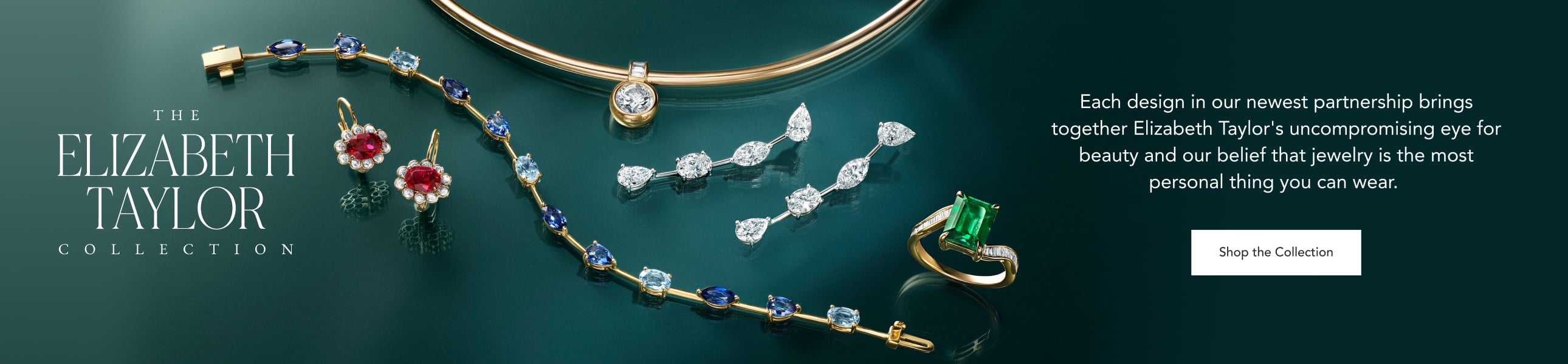 An assortment of diamond and gemstone fine jewelry from the Elizabeth Taylor Collection.