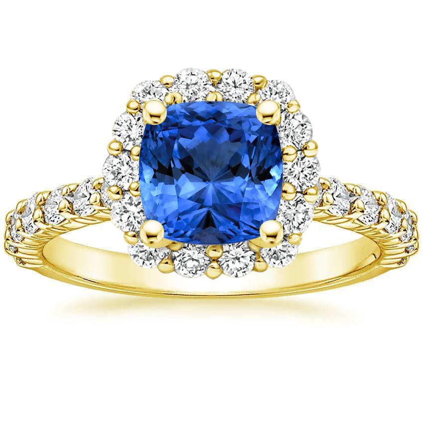 Sapphire Lotus Flower Diamond Ring with Side Stones in 18K Yellow Gold
