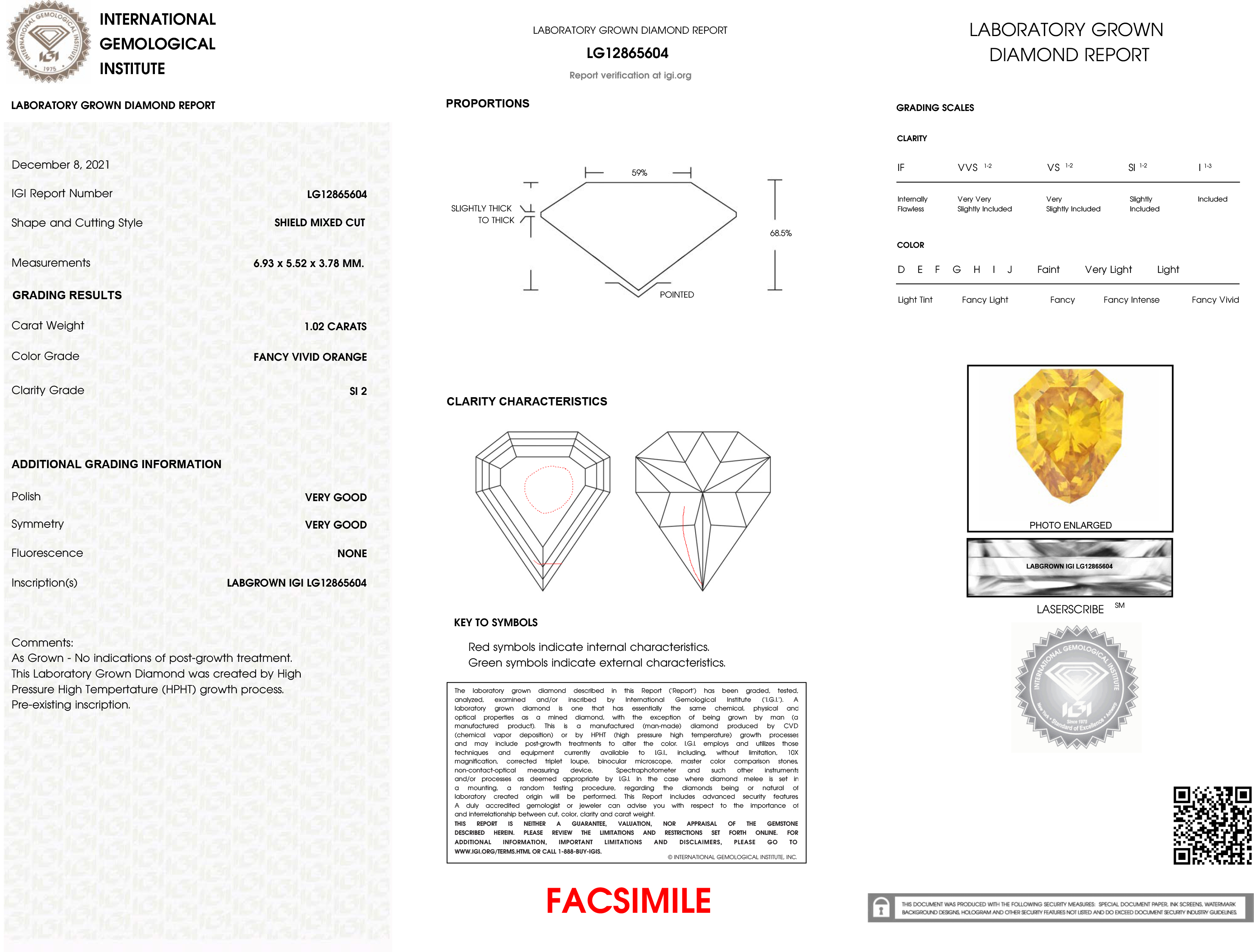 1.02 Ct. Fancy Vivid Orange Shield Lab Created Diamond, additional view 2