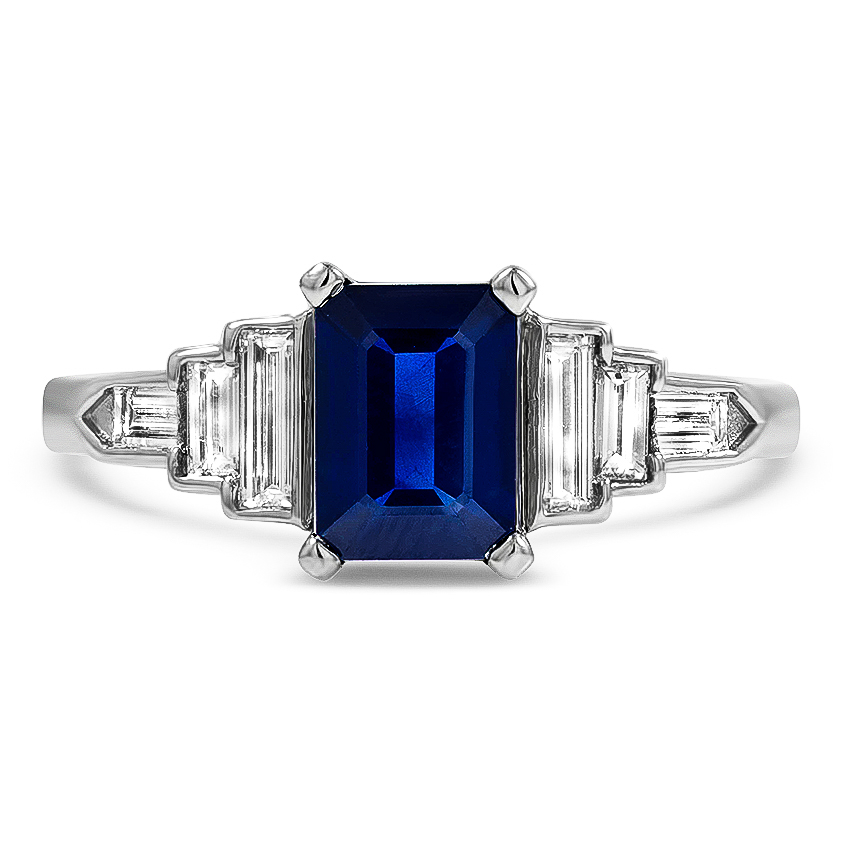 Custom Geometric Baguette Sapphire and Diamond Ring
